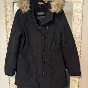 American Eagle Outfitters Black Ski Jacket with Faux Fur Hood Waterproof